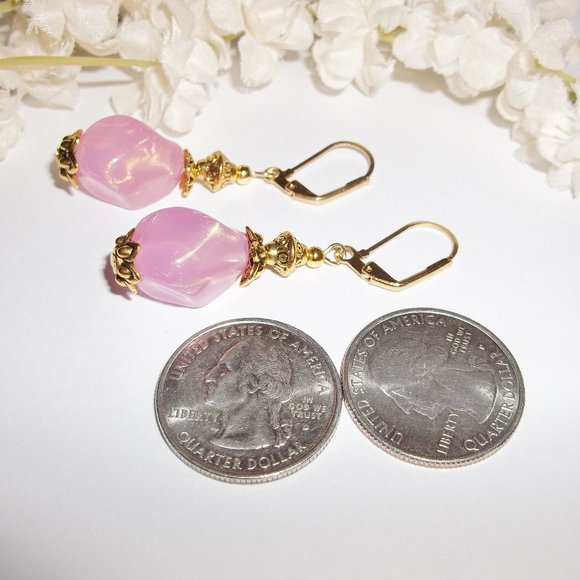 Pink & Gold Beaded Earrings Handmade NWT Set 5147 - Picture 5 of 8